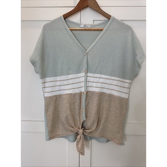 Waffle Button Front Top Blouse Womens Small Tie Front - Picture 1 of 8